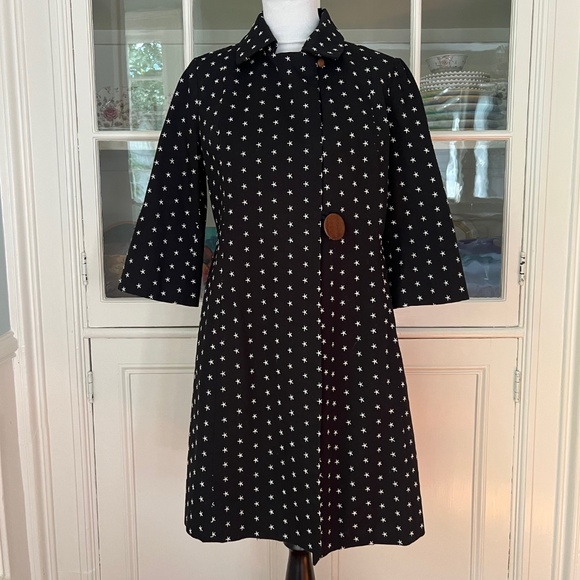 Anya Ponorovskaya Black Fitted Cotton Coat, Size 10, Embroidered Stars, Lined - Picture 1 of 8